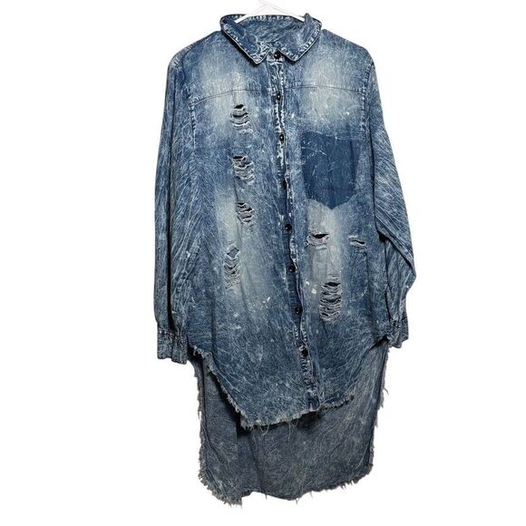 Thrill Jeans Top Women's 2X Blue Distressed Button Up Tunic Collared Shirt - Picture 1 of 12